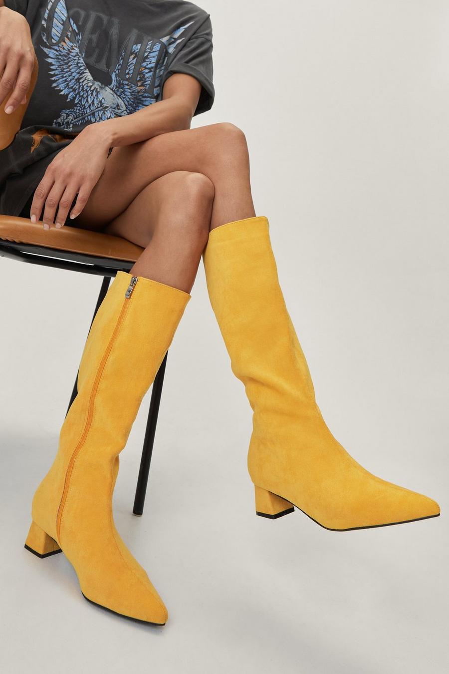 Bright Faux Suede Pointed Knee High Boots